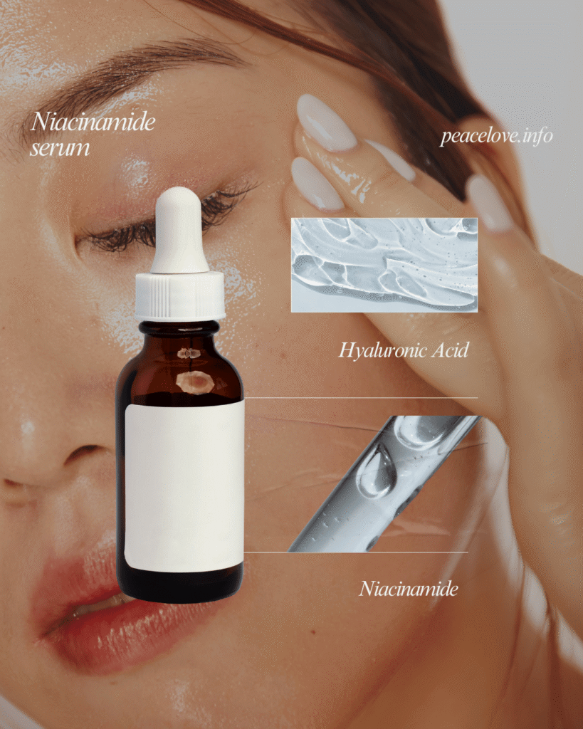 Close-up shot showing the correct application of a clear Niacinamide serum using a dropper directly onto clean, damp facial skin.